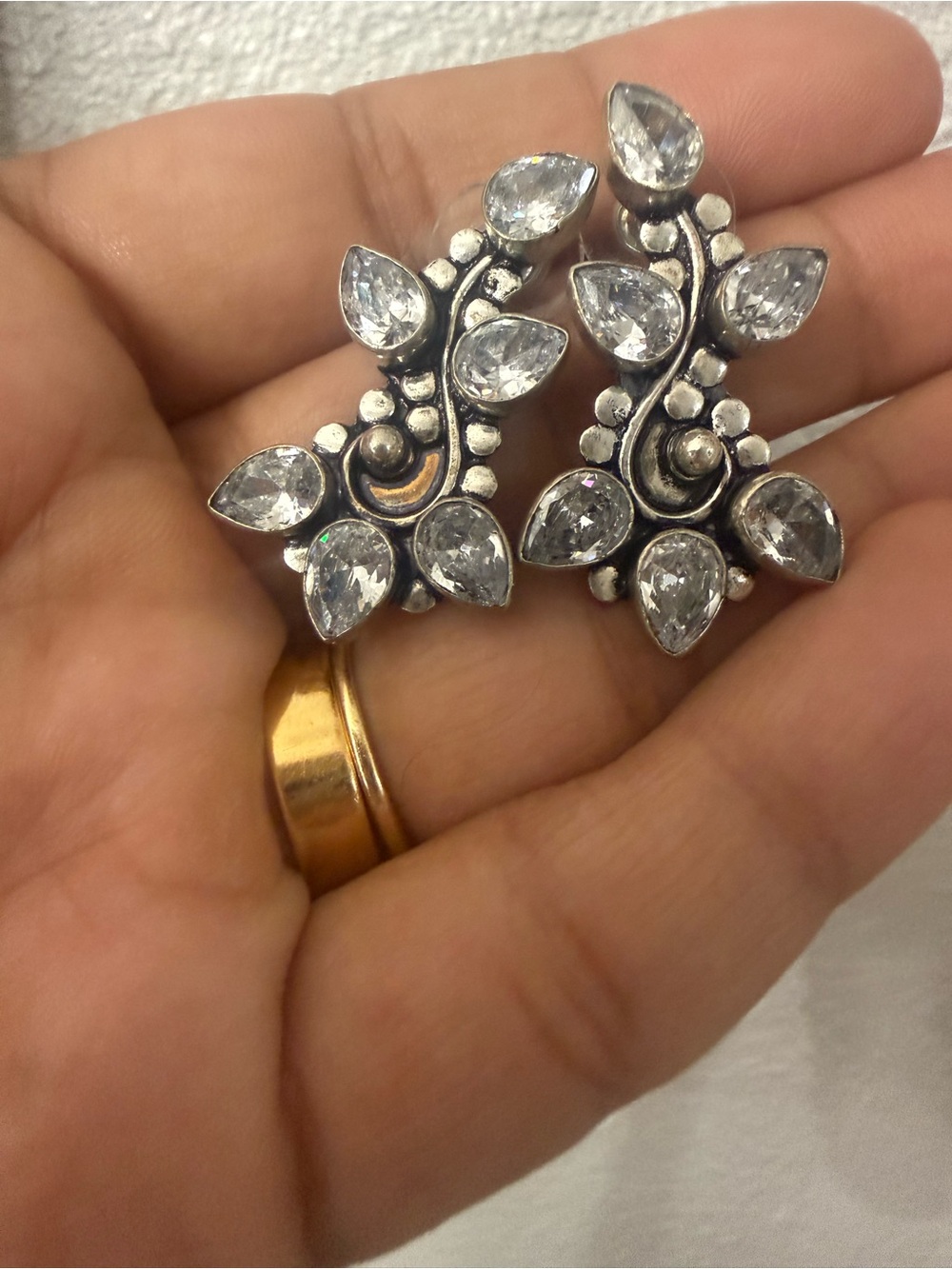 Sterling Silver Floral Teardrop Crystal Earrings - Clear